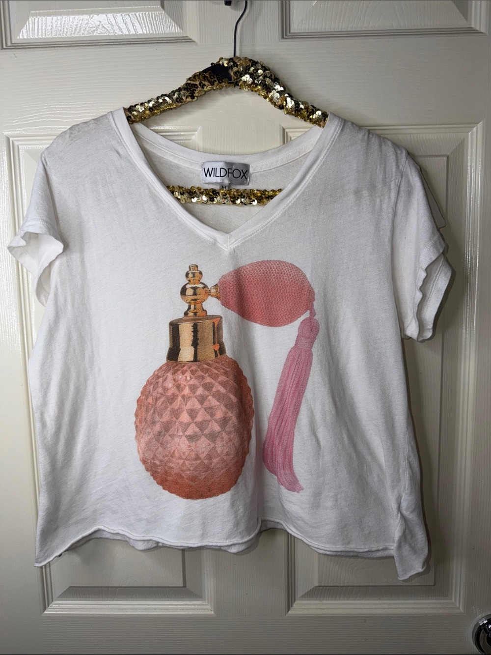 Wildfox White Tee with Pink and Rose-Gold Perfume Bottle Graphic